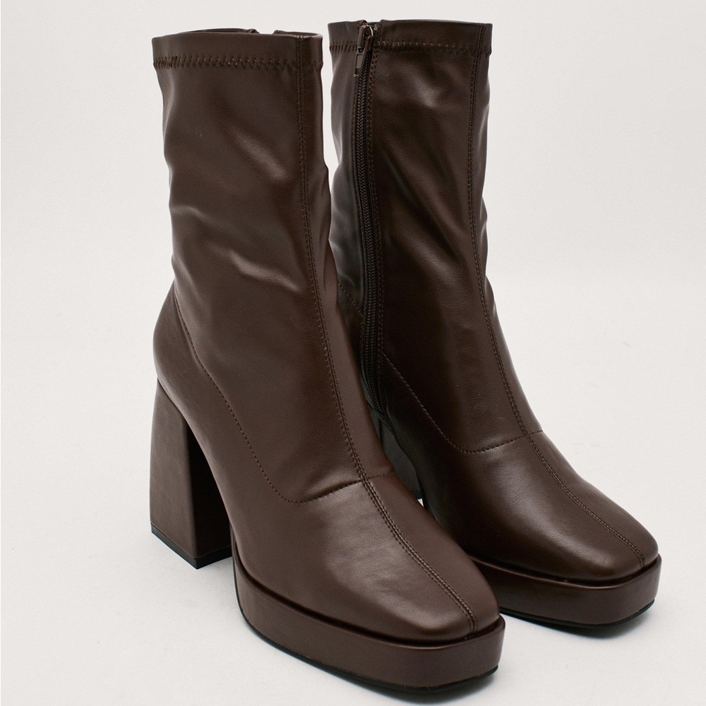 Nasty gal. Faux leather platform sock boot size 6 in the color chocolate brown.